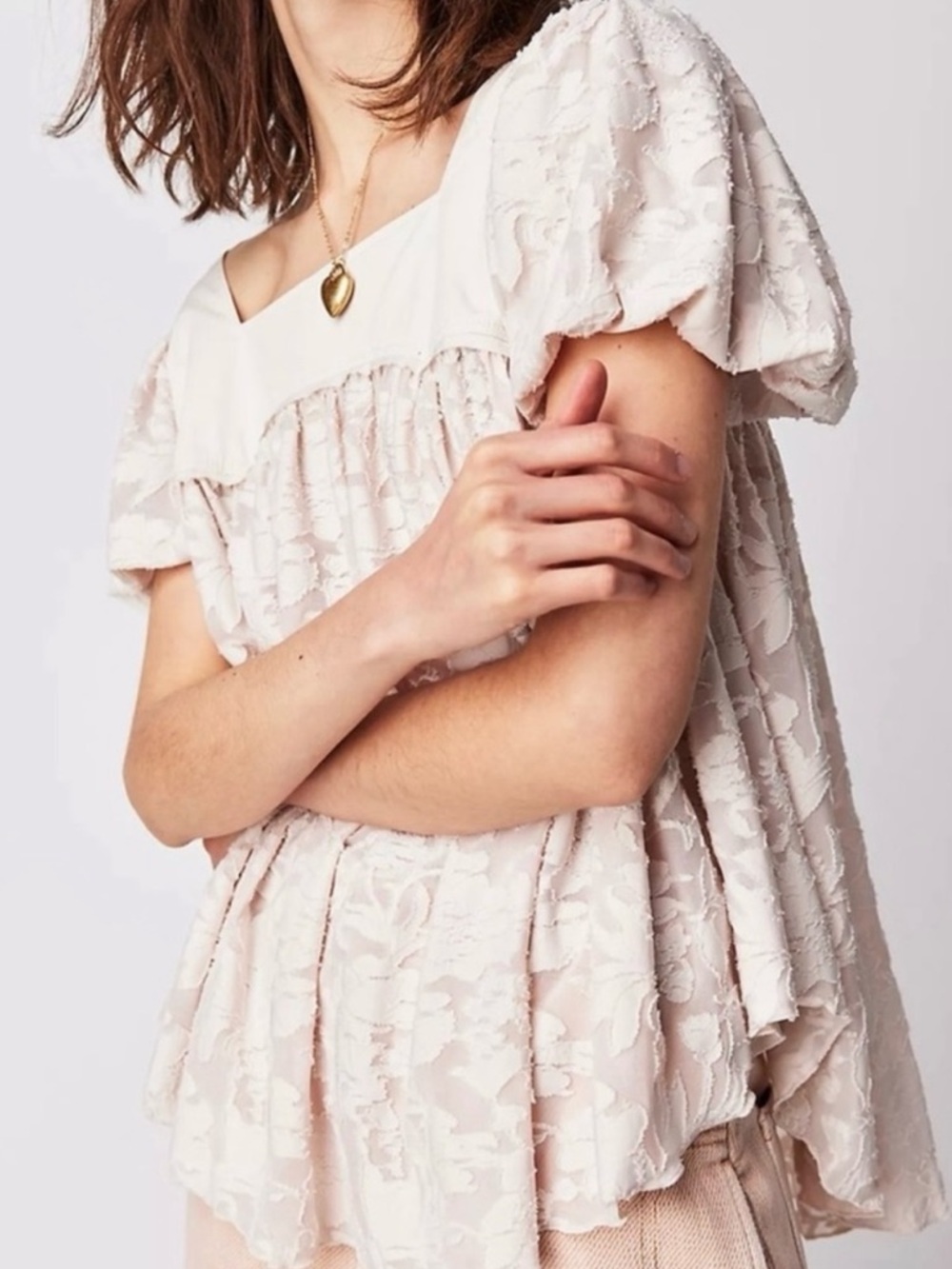 Free People Sunset to Sunrise Blouse in Champagne Dream Lace Babydoll Top Medium